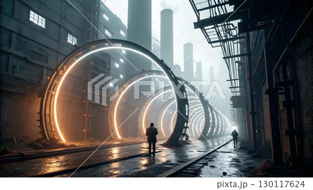 The image displays a futuristic urban scene featuring glowing ring structures along a pathway, with two figures in the distance, all set against industrial 130117624