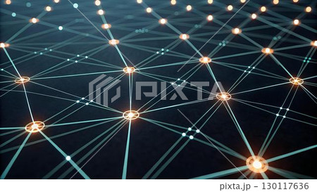 The image features a network of bright, glowing nodes connected by lines, resembling a futuristic technological grid on a dark 130117636