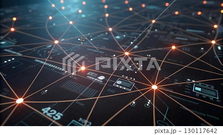 The image is a futuristic, stylized representation of a network or interconnected system, featuring glowing nodes connected by lines against a dark, technological 130117642