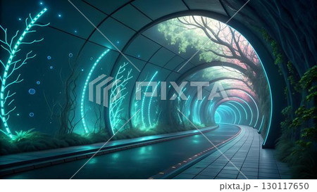 A futuristic tunnel adorned with vibrant neon lights and lush 130117650