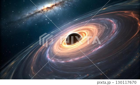 The image showcases a vast black hole warping 130117670