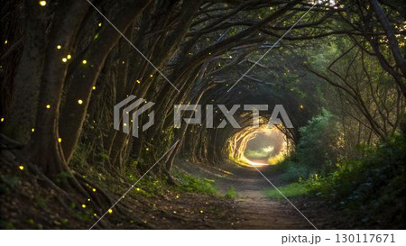 A path stretches through an enchanting forest tunnel with glowing 130117671