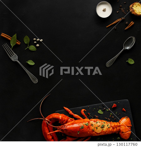 AI generated grilled lobster served on stone board with herbs and spices flat lay style on dark background gourmet mood luxury seafood concept with empty space for text design 130117760