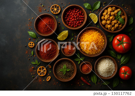 AI generated flat lay of assorted spices and herbs in wooden bowls with colorful textures on dark rustic background symbolizing flavor tradition warmth and cultural richness 130117762