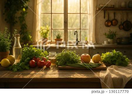 AI generated rustic kitchen scene with fresh vegetables fruits and herbs on wooden table in warm natural sunlight cozy atmosphere for healthy lifestyle and home cooking inspiration AI generated rustic kitchen scene with fresh vegetables fruits and herbs on wooden table in warm natural sunlight cozy atmosphere for healthy lifestyle and home cooking inspiration 130117770