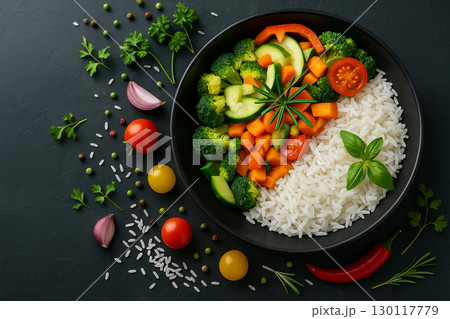 AI generated bowl of white rice with broccoli carrot tomato pepper onion and herbs on dark stone background showing freshness balance nutrition and healthy lifestyle 130117779