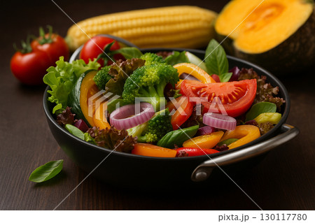 AI generated healthy vegetable dish with broccoli tomato onion bell pepper and herbs in a black pan on dark table symbolizing freshness balance and natural lifestyle 130117780
