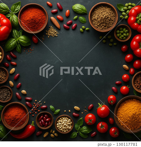 AI generated top view of assorted spices and herbs arranged around dark rustic background with empty center space for text conveying freshness warmth and exotic cooking inspiration 130117781