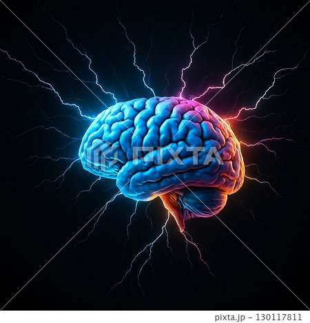 AI generated abstract digital art of a realistic human brain glowing in blue tones with lightning bolts radiating energy on a dark background symbolizing intelligence creativity and unlimited power 130117811