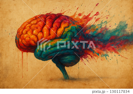 AI generated abstract digital art of a human brain in side view with vibrant paint splash effect symbolizing creativity imagination and inspiration against vintage brown background 130117834