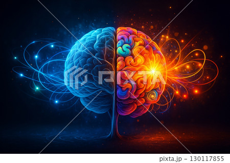 AI generated surreal artwork of a human brain split into two sides with glowing energy flows symbolizing logic imagination and creative power in cosmic abstract background 130117855