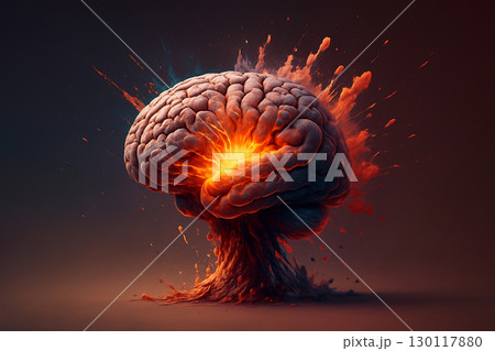 AI generated hyper realistic abstract art of a human brain bursting with colorful energy sparks symbolizing creativity imagination and innovation 130117880