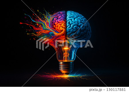 AI generated surreal artwork of a glowing light bulb transforming into a human brain with vibrant colors symbolizing logic creativity and imagination bursting with energy and inspiration 130117881