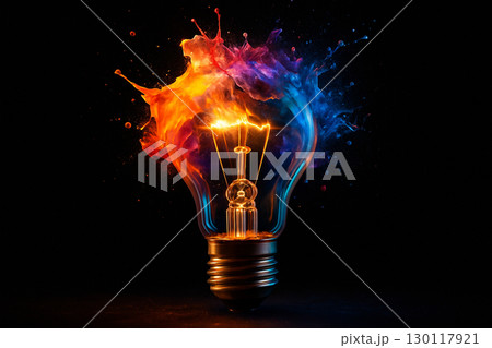 AI generated concept art of a glowing lightbulb exploding with vibrant colors symbolizing imagination energy inspiration and creative power on dark background 130117921