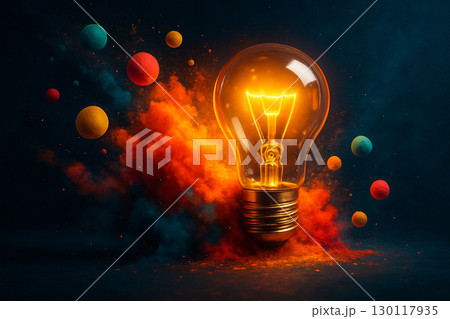 AI generated surreal artwork of a glowing golden light bulb surrounded by colorful smoke and floating spheres symbolizing creativity inspiration imagination and limitless ideas AI generated surreal artwork of a glowing golden light bulb surrounded by colorful smoke and floating spheres symbolizing creativity inspiration imagination and limitless ideas 130117935