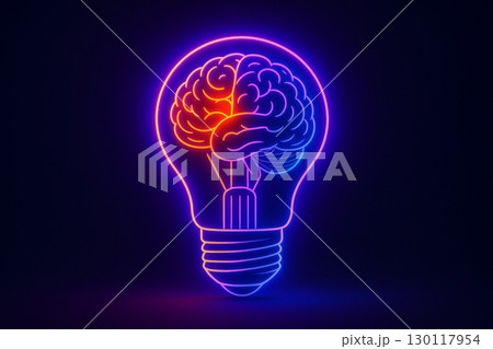 AI generated surreal artwork of a neon glowing light bulb with human brain inside symbolizing creativity knowledge and inspiration in vibrant abstract style with modern energy 130117954
