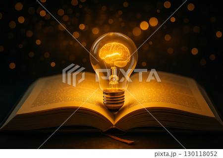 AI generated ultra realistic artwork of glowing light bulb placed on open book emitting warm golden light surrounded by sparkling bokeh symbolizing knowledge wisdom imagination and inspiration 130118052
