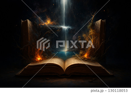 AI generated artwork of an open ancient book glowing with golden light releasing a magical world with waterfall fire and enchanted forest in a surreal fantasy atmosphere 130118053