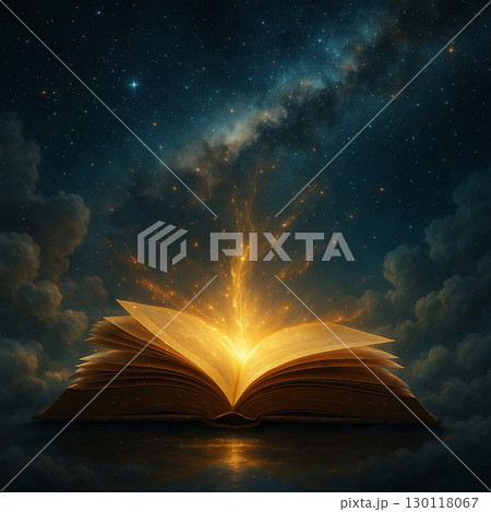 AI generated fantasy artwork of an ancient open book floating among clouds glowing with radiant golden light connecting to a starry night sky symbolizing wisdom imagination and mystical cosmic power AI generated fantasy artwork of an ancient open book floating among clouds glowing with radiant golden light connecting to a starry night sky symbolizing wisdom imagination and mystical cosmic power 130118067
