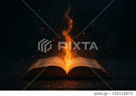 AI generated fantasy artwork of an ancient open book glowing with radiant orange golden flames releasing mystical energy and sparks in a dark blue atmosphere 130118073