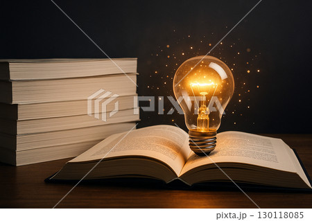 AI generated glowing golden light bulb resting on open book with stack of books beside it surrounded by spark particles symbolizing knowledge learning creativity inspiration and wisdom 130118085