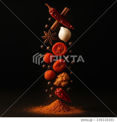 AI generated artistic composition of floating spices and ingredients captured in frozen motion against dark background symbolizing flavor culture creativity and energy 130118101