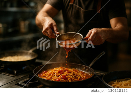 AI generated delicious pasta cooking scene with chef pouring tomato sauce into steaming pan creating warm atmosphere full of flavor passion and culinary art 130118132