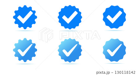Verified Checkmark Icons in Light Blue Gradient. Verification blue approved check mark badges. 130118142