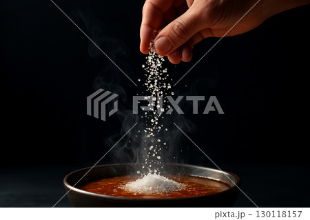 AI generated hand sprinkling coarse salt into steaming soup with grains frozen in motion and rising smoke symbolizing flavor warmth freshness and the artistry of cooking 130118157