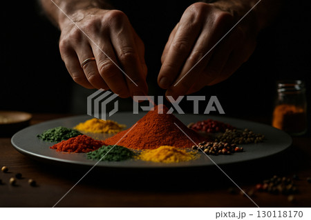 AI generated close up of hands arranging vibrant spices on a plate creating an artistic food composition full of aroma creativity and cultural richness 130118170