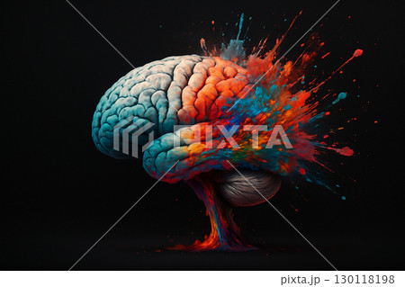 AI generated conceptual art of a realistic human brain with vibrant colorful explosion symbolizing imagination energy creativity and the fusion of science and art on dark background AI generated conceptual art of a realistic human brain with vibrant colorful explosion symbolizing imagination energy creativity and the fusion of science and art on dark background 130118198