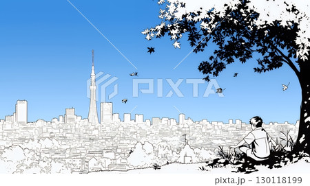 都市の町並みと青空（シンプルな色使い）
