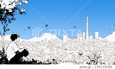 都市の町並みと青空（シンプルな色使い）