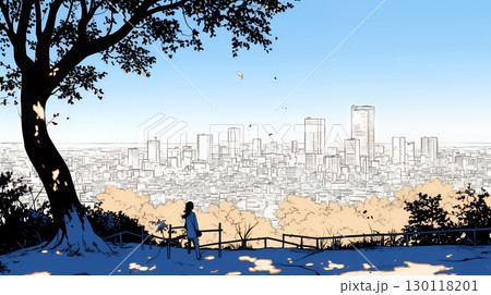 都市の町並みと青空（シンプルな色使い）