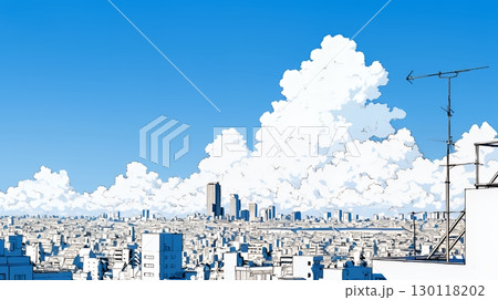 都市の町並みと青空（シンプルな色使い）