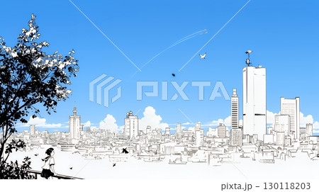 都市の町並みと青空（シンプルな色使い）