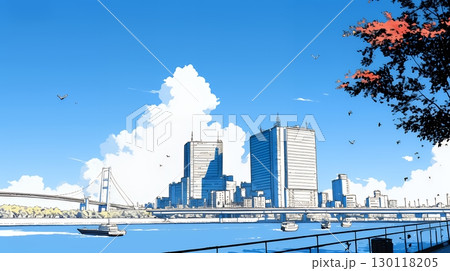 都市の町並みと青空（シンプルな色使い）