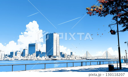 都市の町並みと青空（シンプルな色使い）