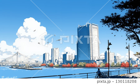 都市の町並みと青空（シンプルな色使い）