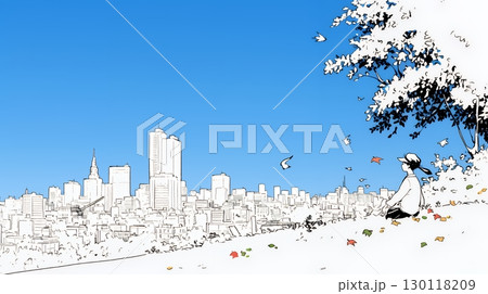 都市の町並みと青空（シンプルな色使い）
