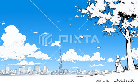 都市の町並みと青空（シンプルな色使い）