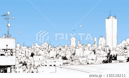 都市の町並みと青空（シンプルな色使い）