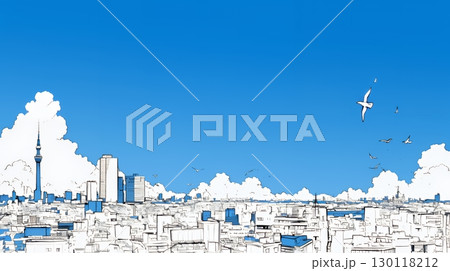 都市の町並みと青空（シンプルな色使い）