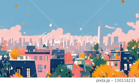 都市の町並みと青空（ポップでキュートな色使い）