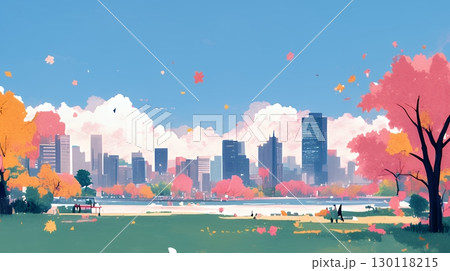 都市の町並みと青空（ポップでキュートな色使い）