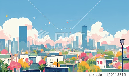 都市の町並みと青空（ポップでキュートな色使い）