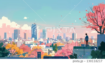 都市の町並みと青空（ポップでキュートな色使い）