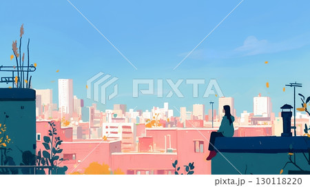都市の町並みと青空（ポップでキュートな色使い）