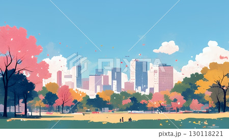 都市の町並みと青空（ポップでキュートな色使い）