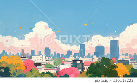 都市の町並みと青空（ポップでキュートな色使い）